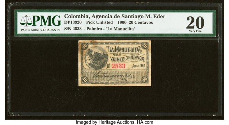 Colombia Agencia de Santiago 20 Centavos 1900 Pick UNL PMG Very Fine 20. Stains ...