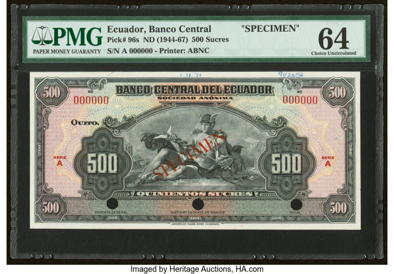 Ecuador Banco Central del Ecuador 500 Sucres ND (1944-67) Pick 96s Specimen PMG ...