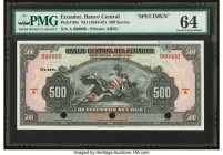 Ecuador Banco Central del Ecuador 500 Sucres ND (1944-67) Pick 96s Specimen PMG Choice Uncirculated 64. Three POCs and previous mounting and annoataio...
