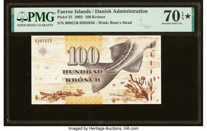 Faeroe Islands Foroyar 100 Kronur 2002 Pick 25 PMG Seventy Gem Unc 70 EPQ S. HID...