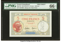 French Somaliland Banque de l'Indochine, Djibouti 5 Francs ND (1928-38) Pick 6s Specimen PMG Gem Uncirculated 66 EPQ. A perforated Specimen is present...