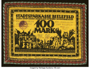Germany Silk Bielefeld 100 Mark 15.7.1921 Pick Unlisted NGM056a-spurwhs Crisp Uncirculated. A rare type with bright yellow-gold silk and green, mauve,...