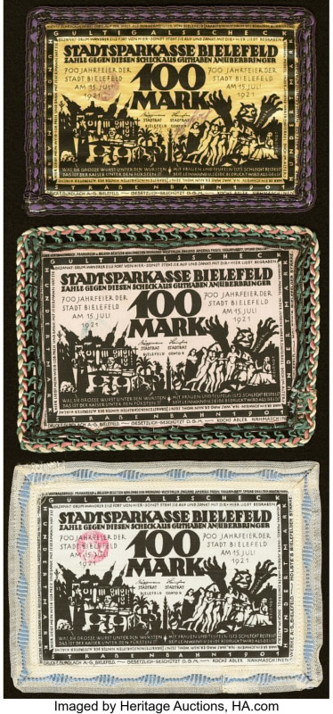 Germany Silk, Bielefeld 100 Mark 15.7.1921 Pick Unlisted 3 Examples About Uncirc...
