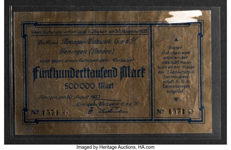 Germany, Tenigen 500,000 Mark 20.8.1923 Pick Unlisted Extremely Fine. HID0980124...