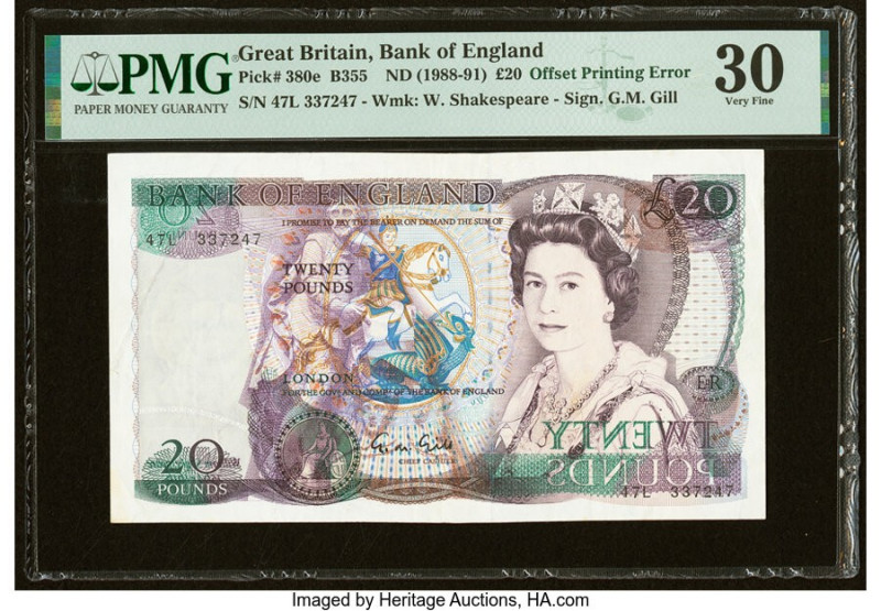 Offset Printing Error Great Britain Bank of England 20 Pounds ND (1988-91) Pick ...