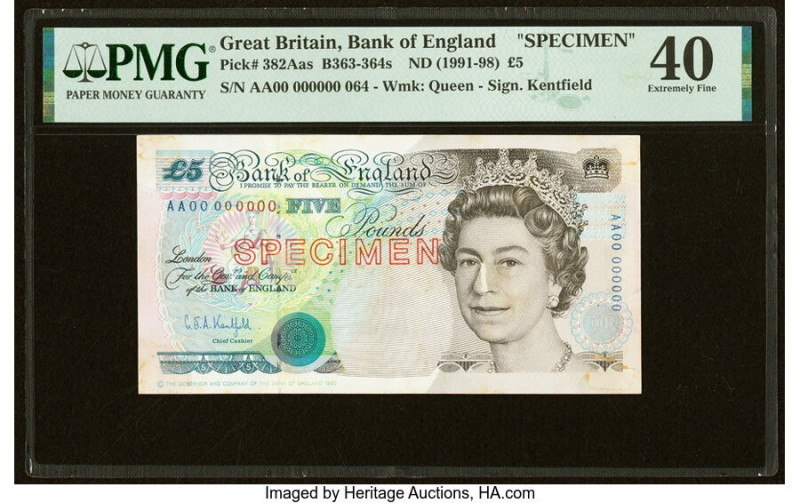 Great Britain Bank of England 5 Pounds ND (1991-98) Pick 382Aas Specimen PMG Ext...