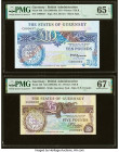 Low Serial Number Set Guernsey States of Guernsey 10; 5 Pounds ND (1980-89); (1990-95) Pick 50b; 53b Two Examples PMG Gem Uncirculated 65 EPQ; Super G...