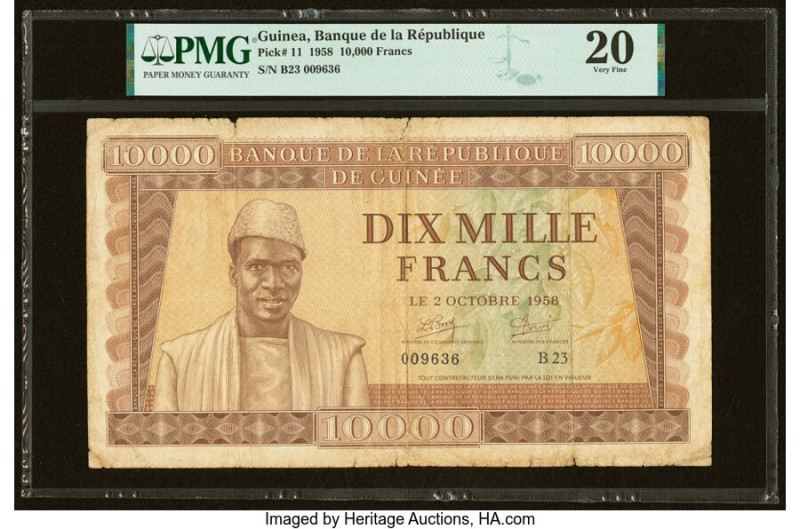 Guinea Banque de la Republique de Guinee 10,000 Francs 2.10.1958 Pick 11 PMG Ver...