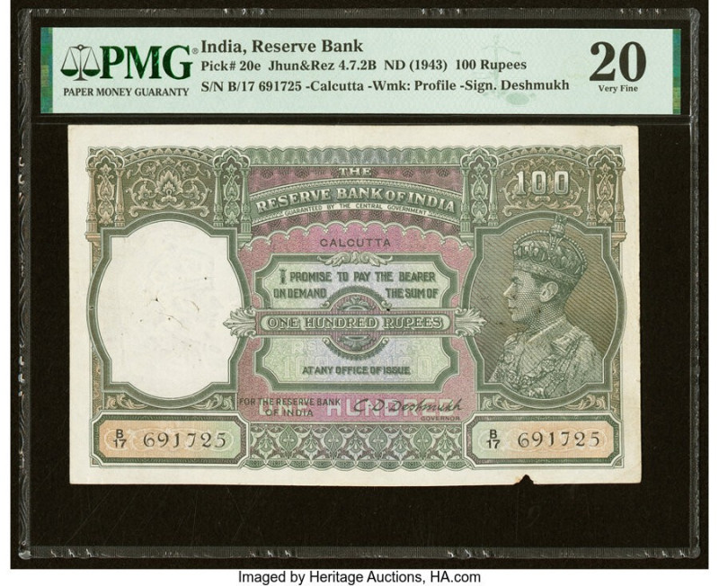 India Reserve Bank of India, Calcutta 100 Rupees ND (1943) Pick 20e Jhun4.7.2B P...