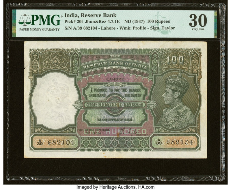 India Reserve Bank of India 100 Rupees ND (1937) Pick 20l Jhun4.7.1E PMG Very Fi...