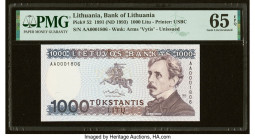 Serial Number 1806 Lithuania Bank of Lithuania 1000 Litu 1991 (ND 1993) Pick 52 with Souvenir Folder PMG Gem Uncirculated 65 EPQ. HID09801242017 © 202...