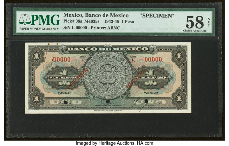 Mexico Banco de Mexico 1 Peso 7.7.1943 Pick 38s Specimen PMG Choice About Unc 58...