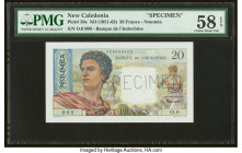 New Caledonia Banque de l'Indochine, Noumea 20 Francs ND (1951-63) Pick 50s Specimen PMG Choice About Unc 58 EPQ. A perforated Specimen is present on ...