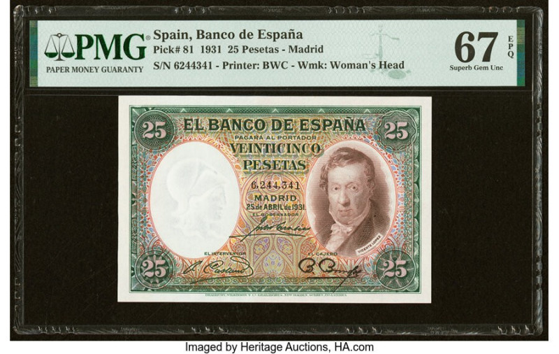 Spain Banco de Espana 25 Pesetas 25.4.1931 Pick 81 PMG Superb Gem Unc 67 EPQ. HI...