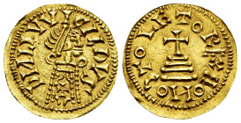 Leovigildus (569-586). Tremissis. Toleto (Toledo). (R. Pliego-42c). (Cnv-40.1). (Miles-28a). Anv.: DᴎLIVVICILDVS. Diademed bust with mantle and cross ...