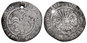 Catholic Kings (1474-1504). 1/2 real. Coruña. Scallop and gothic A. (Cal-198). Ag. 1,24 g. Holed. Very rare. F. Est...200,00. 

Spanish description:...