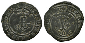 Catholic Kings (1474-1504). Blanca. Cuenca. (Cal-Unlisted). (Rs-531). Anv.: (Parsley) FERNANDVS (¿?) ELISABT : D · G AR. F crowned bounded by three pe...