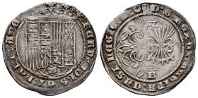 Catholic Kings (1474-1504). 1 real. Burgos. (Cal-299). Anv.: FERNANDVS : ET : hELISABE. Rev.: + D : G : REX : ET : REGINA : CAST : LEGIO : A : Cauldro...