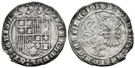 Catholic Kings (1474-1504). 1 real. Burgos. (Cal-305). Anv.: FERNANDVS : ET : hELISA. Rev.: + D : G : REX : ET : REGINA : CAST : LEGIO (Ermine). Ag. 3...