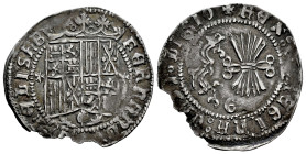 Catholic Kings (1474-1504). 1 real. Granada. (Cal-364). Anv.: FERNAND(VS : E)T hELISAB. Rev.: + REX : E(T) REGINA : CAST ◦ LIGIO. Ag. 3,22 g. Shield f...