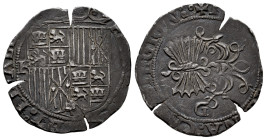 Catholic Kings (1474-1504). 1 real. Granada. R. (Cal-375). Ag. 3,29 g. With R on obverse and G on reverse. Flan cracks. Dark patina. VF. Est...60,00. ...