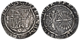 Catholic Kings (1474-1504). 1 real. Sevilla. (Cal-383). Anv.: Escudo entre armiño y S. Rev.: I entre roeles. Ag. 2,35 g. Escasa. Almost VF. Est...120,...