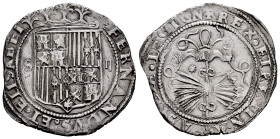 Catholic Kings (1474-1504). 2 reales. Sevilla. (Cal-516). Anv.: FERNANDVS : ET · ELIDABET. Rev.: + REX · ET REGINA · CASTELE · LEGION. 8 pointed star ...