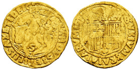 Catholic Kings (1474-1504). Double excelente. Sevilla. (Cal-721). (Tauler-170 similar). Au. 6,86 g. Choice F. Est...1200,00. 

Spanish description: ...