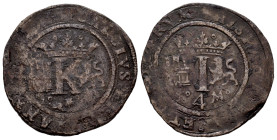 Charles-Joanna (1504-1555). 4 maravedis. Mexico. M / 4-M. (Cal-27). Ae. 5,90 g. Mintmark on obverse and reverse. Rare. Choice F/Almost VF. Est...250,0...