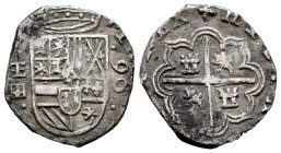 Philip II (1556-1598). 1 real. 1596. Segovia. FE (Juan de Arfe Villafañe). (Cal-253). (Jarabo-Sanahuja-A351). Ag. 3,31 g. Rare. The assayer of this pi...