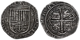 Philip II (1556-1598). 2 reales. ND. Granada. F. (Cal-319). (Jarabo-Sanahuja-A-117). Ag. 6,82 g. Light double strike. Toned. Scarce. Choice VF. Est......