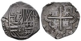 Philip II (1556-1598). 2 reales. 1592. Segovia. I. (Cal-392). (Jarabo-Sanahuja-A-312). Ag. 6,79 g. Arms between assayer I over aqueduct and date 92 ov...