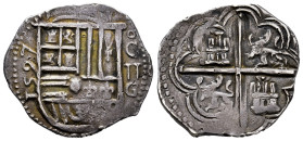 Philip II (1556-1598). 2 reales. 1597. Granada. C. (Cal-327). (Jarabo-Sanahuja-A-133). Ag. 6,73 g. Arms between date and C/II/G. Old cabinet tone. Sca...
