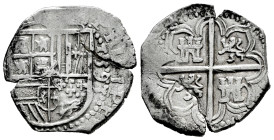 Philip II (1556-1598). 2 reales. 1593. Sevilla. (B). (Cal-418). Ag. 6,55 g. Planchet crack. VF. Est...60,00. 

Spanish description: Felipe II (1556-...
