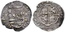 Philip II (1556-1598). 4 reales. ND. Valladolid. A. (Cal-626). Ag. 13,55 g. Wonderful old cabinet patina with some rainbow tones. Attractive. Ex Sinco...