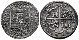 Philip II (1556-1598). 8 reales. 1589. Segovia. (Cal-710). (Jarabo-Sanahuja-A-416). Ag. 26,62 g. HISPANIA INDIARVM. Aqueduct with three arches of two ...