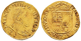 Philip II (1556-1598). 1/2 real de oro. ND. Antwerpen. (Vti-1383). (Vanhoudt-263.AN). Au. 3,46 g. A good sample. Very scarce. Almost XF. Est...1000,00...
