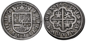 Philip III (1598-1621). 2 reales. 1608. Segovia. C. (Cal-365). (Jarabo-Sanahuja-B-300). Ag. 6,40 g. Aqueduct with three arches. Pellets flanking the v...