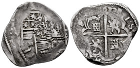 Philip III (1598-1621). 4 reales. 1612/02. Granada. M. (Cal-731 var). (Jarabo-Sanahuja-B41 var). Ag. 13,63 g. Unlisted overdate. Double struck on obve...