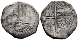 Philip III (1598-1621). 8 reales. ND (1603-1612). Potosí. R. (Cal-Tipo 164). Ag. 27,34 g. Date not visible. King´s ordinal III visible. Minor deposits...