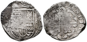Philip III (1598-1621). 8 reales. 16.... Potosí. (Cal-Tipo 165). Ag. 26,61 g. Cross-shaped ornaments flanking the mint and the value. Assayer not visi...