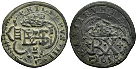 Philip IV (1621-1665). 4 maravedis. 1658. Burgos. (Jarabo-Sanahuja-K4). Ae. 5,44 g. Counterstamped. XF. Est...70,00. 

Spanish description: Felipe I...