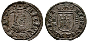 Philip IV (1621-1665). 4 maravedis. 1662. Coruña. R. (Cal-198). Ae. 0,91 g. Scallop on the left. Scarce. Almost XF. Est...75,00. 

Spanish descripti...