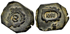 Philip IV (1621-1665). 8 maravedis. (Jarabo-Sanahuja-I66). Ae. 7,78 g. Exceptional countermark of 8 Maravedís 1652 from Seville, this presents an unus...