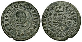 Philip IV (1621-1665). 16 maravedis. 1663. Córdoba. SM. (Cal-442). (Jarabo-Sanahuja-M53). Ae. 4,52 g. Very rare. VF. Est...60,00. 

Spanish descript...