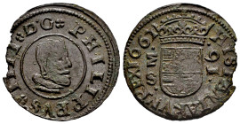 Philip IV (1621-1665). 16 maravedis. 1662. Madrid. S. (Cal-471). Ae. 4,07 g. Vertical mint and rotated value. Rare. VF. Est...60,00. 

Spanish descr...