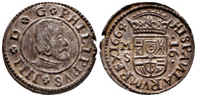 Philip IV (1621-1665). 16 maravedis. 1664. Madrid. S. (Cal-480). (Jarabo-Sanahuja-M389). Ae. 4,07 g. It retains some original silvering. XF. Est...60,...