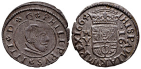 Philip IV (1621-1665). 16 maravedis. 1664. Madrid. Y. (Cal-481). (Jarabo-Sanahuja-M412). Ae. 4,18 g. Choice VF/Almost XF. Est...40,00. 

Spanish des...