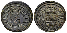 Philip IV (1621-1665). 16 maravedis. 1662. Segovia. BR. (Cal-488). (Jarabo-Sanahuja-M523). Ae. 4,65 g. VF/Choice VF. Est...25,00. 

Spanish descript...