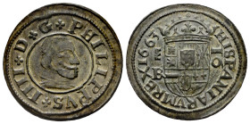 Philip IV (1621-1665). 16 maravedis. 1663. Segovia. BR. (Cal-489). (Jarabo-Sanahuja-M527). Ae. 3,83 g. Wavy flan. Almost XF. Est...35,00. 

Spanish ...